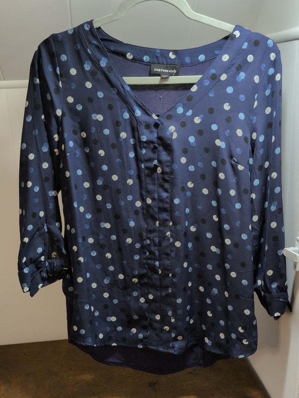 Fortune + Ivy Navy Polka Dot V-Neck Button-Front Blouse